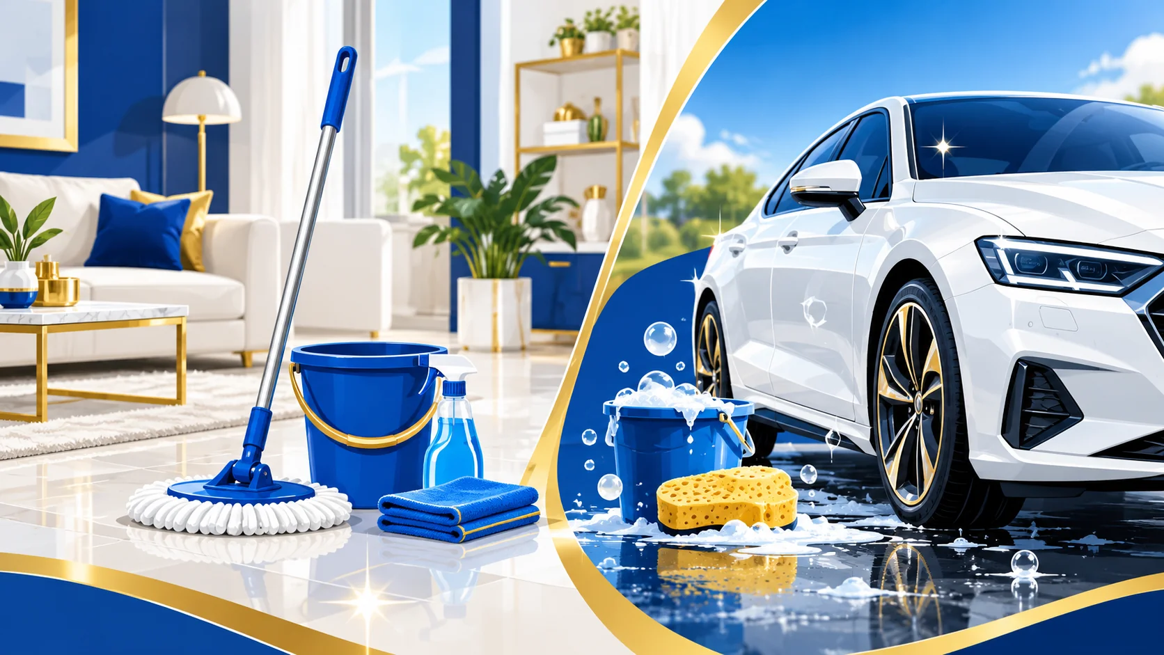 A clean home with cleaning equipment alongside a freshly cleaned car
